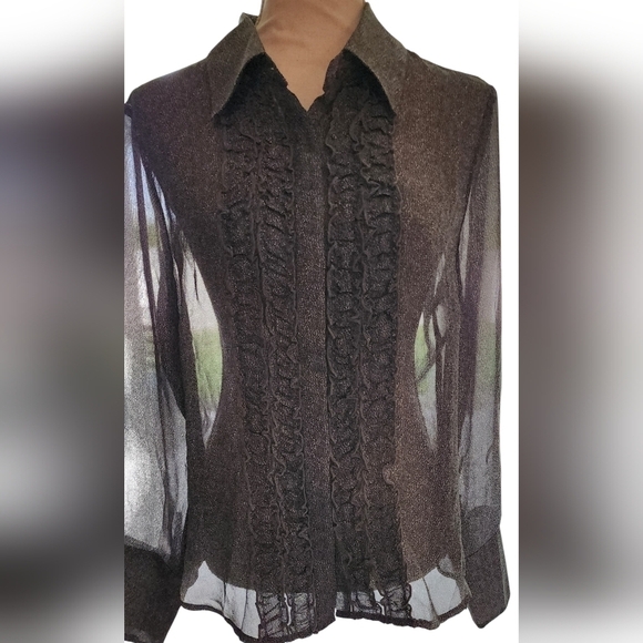 Christopher & Banks Ruffled Sheer Button Up Long Sleeve Blouse Women's L NWT - Picture 6 of 13